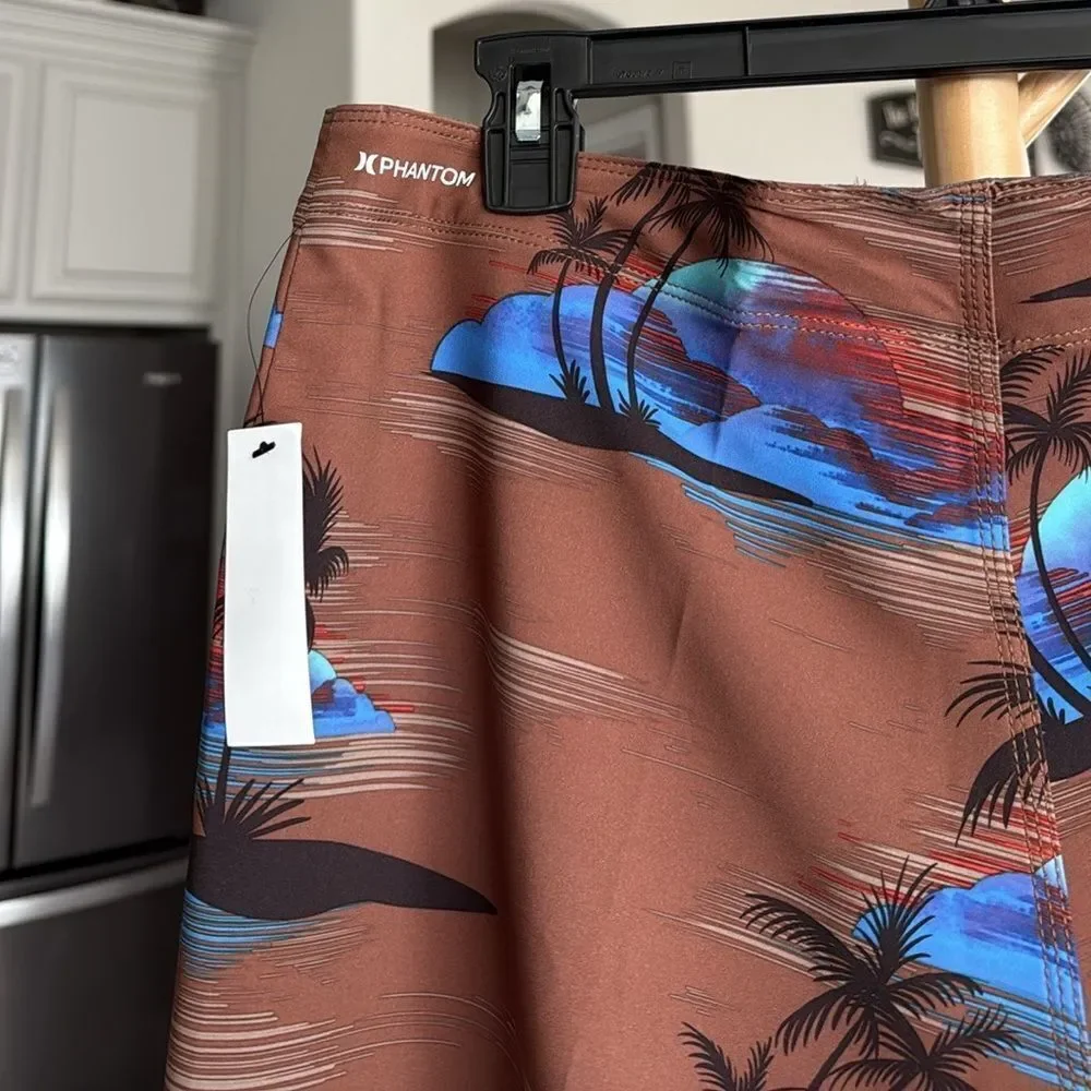 NWT Hurley Board Shorts Swim Phantom Quick Dry 4 Way Stretch Palm Tree Brown